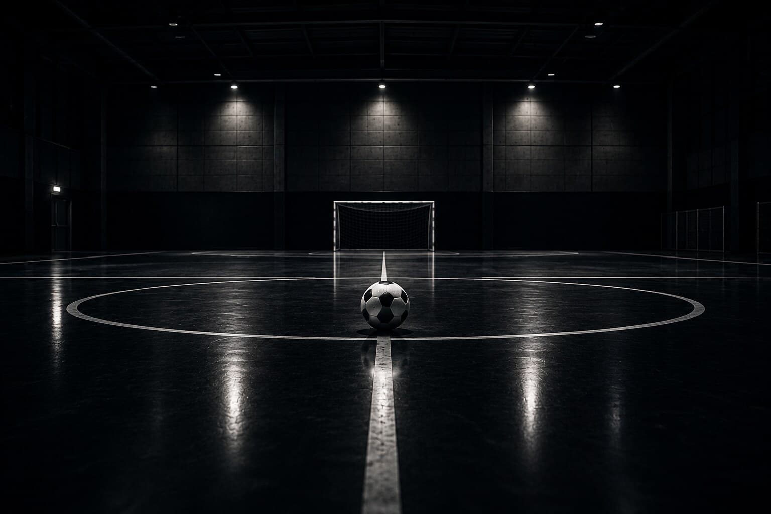 An empty futsal court, ball resting at the center circle